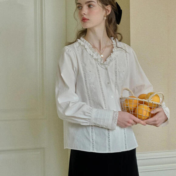 Simple Retro M Faith Lace Patchwork Embroidered Off White Cottagecore Blouse - Picture 13 of 13